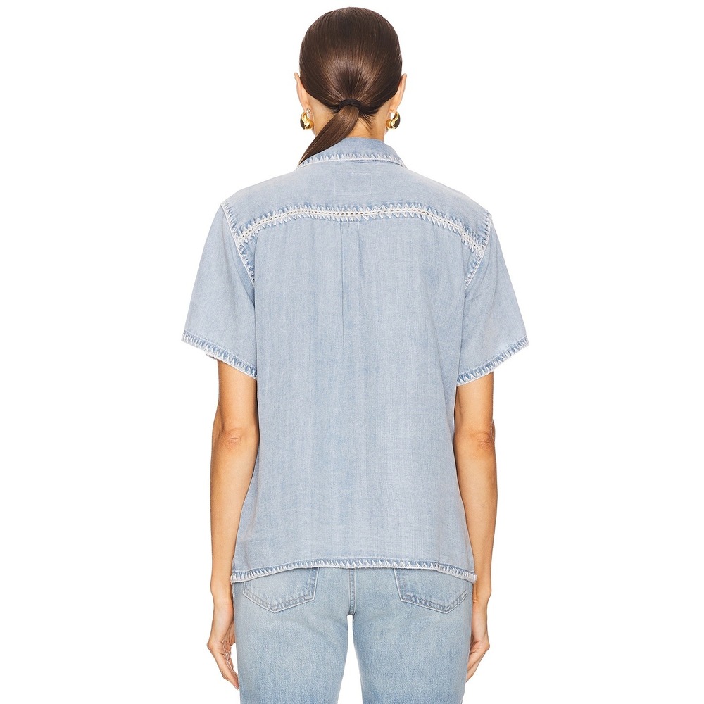 Rails Lea Denim Shirt L Short Sleeve Blanket Stitch Blue Medium Cloud Wash - Picture 2 of 16